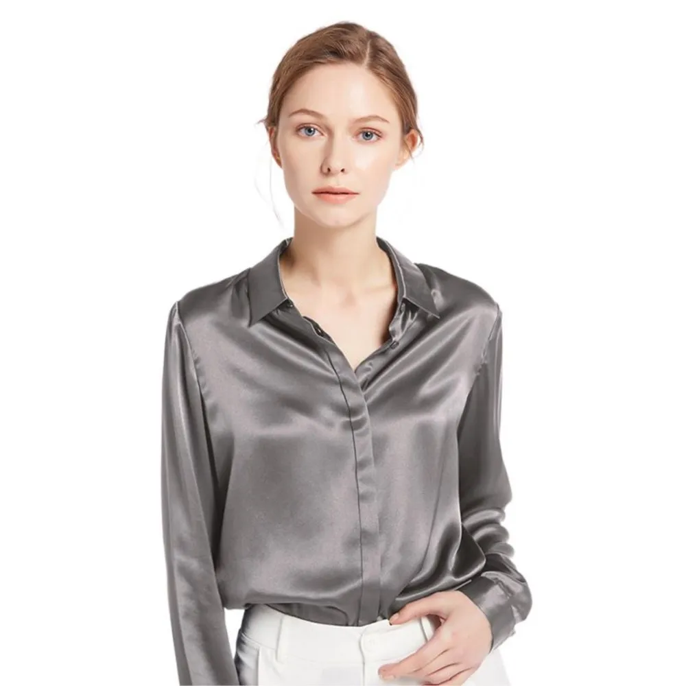 100% Real Silk Shirts Blouse Women 22 momme Basic Placket Chinese Charmeuse Natural Glossy Elegant Ladies Long sleeves