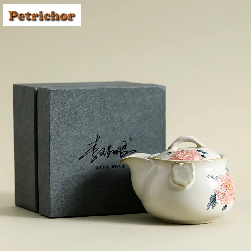 

200ml Off-white Lard Jelly Ru Kiln Peony Hand Grab Teapot Vintage Tea Infuser Pot Tea Brewing Kettle With Filter Cafes Supplies