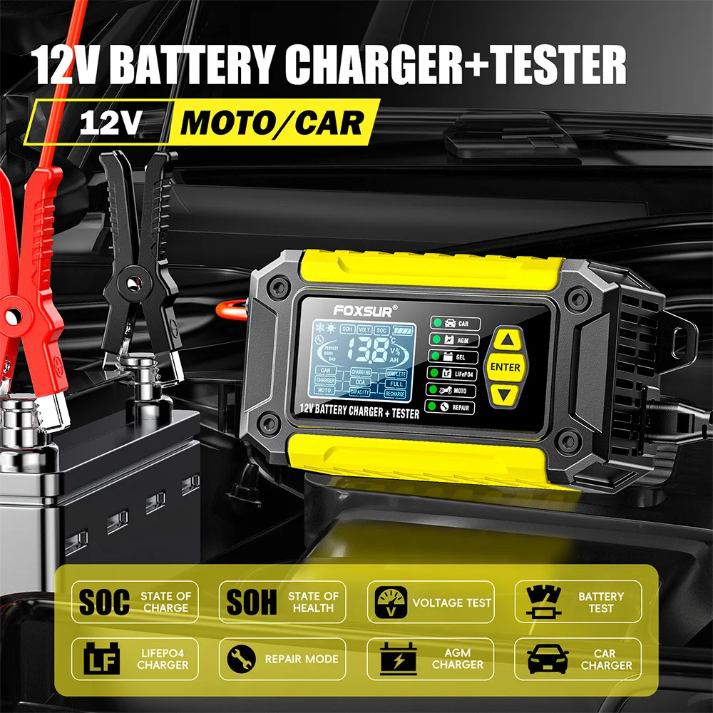 EAFC 12V 6A Car Battery Charger&Tester Car Motorcycle AGM GEL WET Lead Acid LiFePo4 Battery Charger System 2 IN 1for Auto Motocy