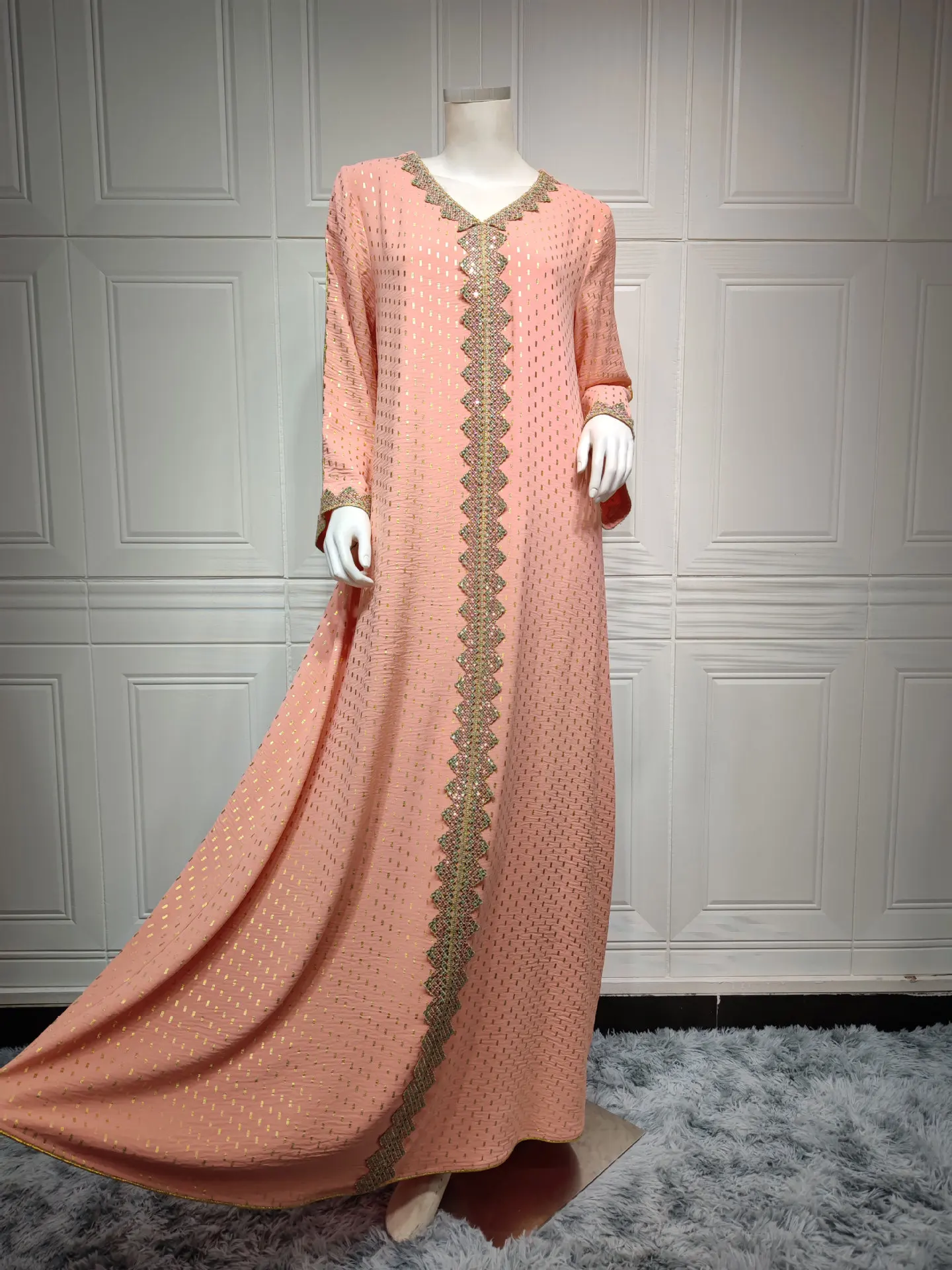 Jalabiya Kaftan Dress For Women Dubai Turkey Golden Ribbon Trim Loose Muslim Arabic Islamic Clothing Party Robe Moroccan Dress