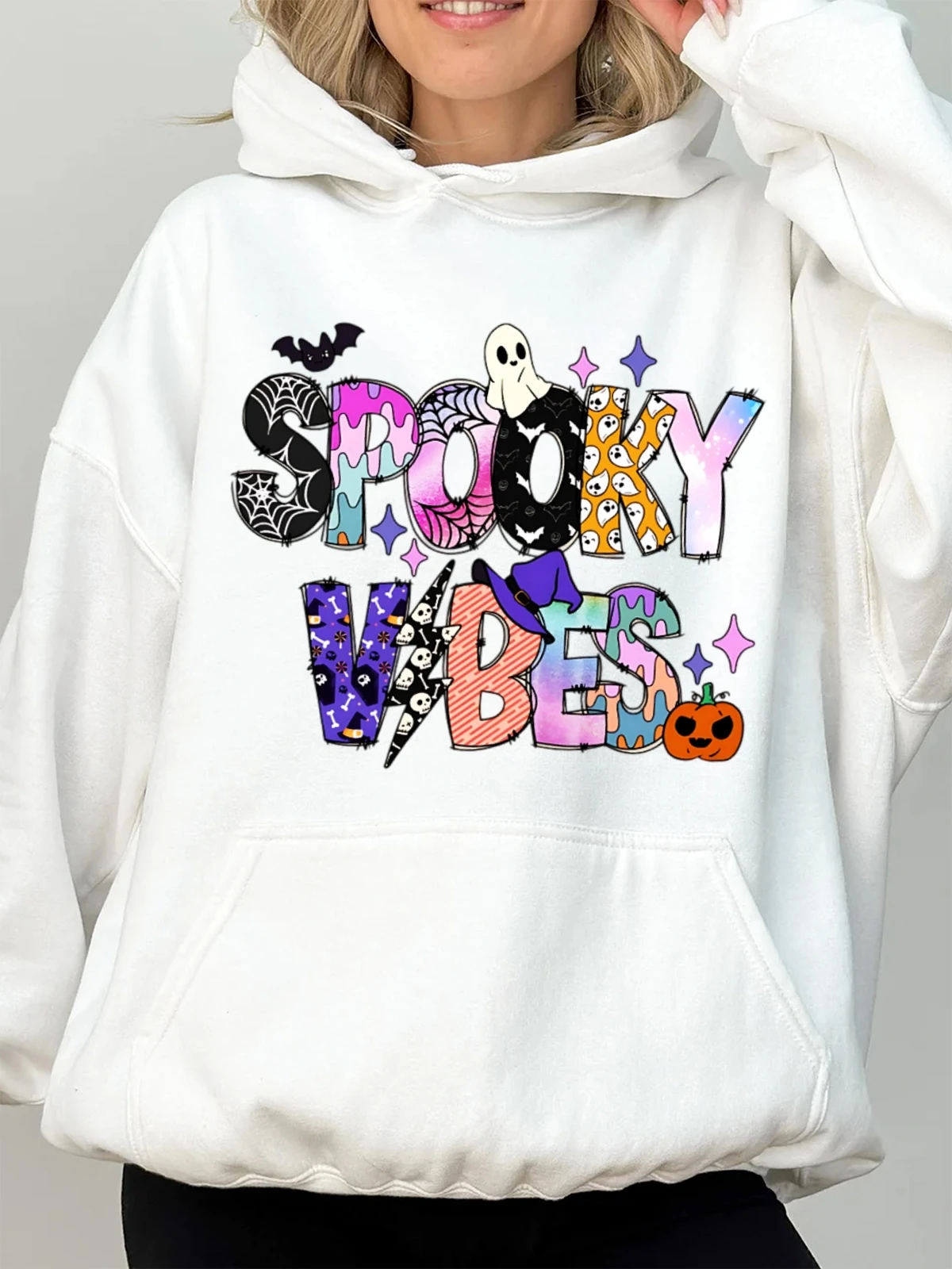 Zwaargewicht katoenen hoodies Halloween-patronen Lichtgewicht katoenen sweatshirt met capuchon - Ademende stof met contrasterende stiksels
