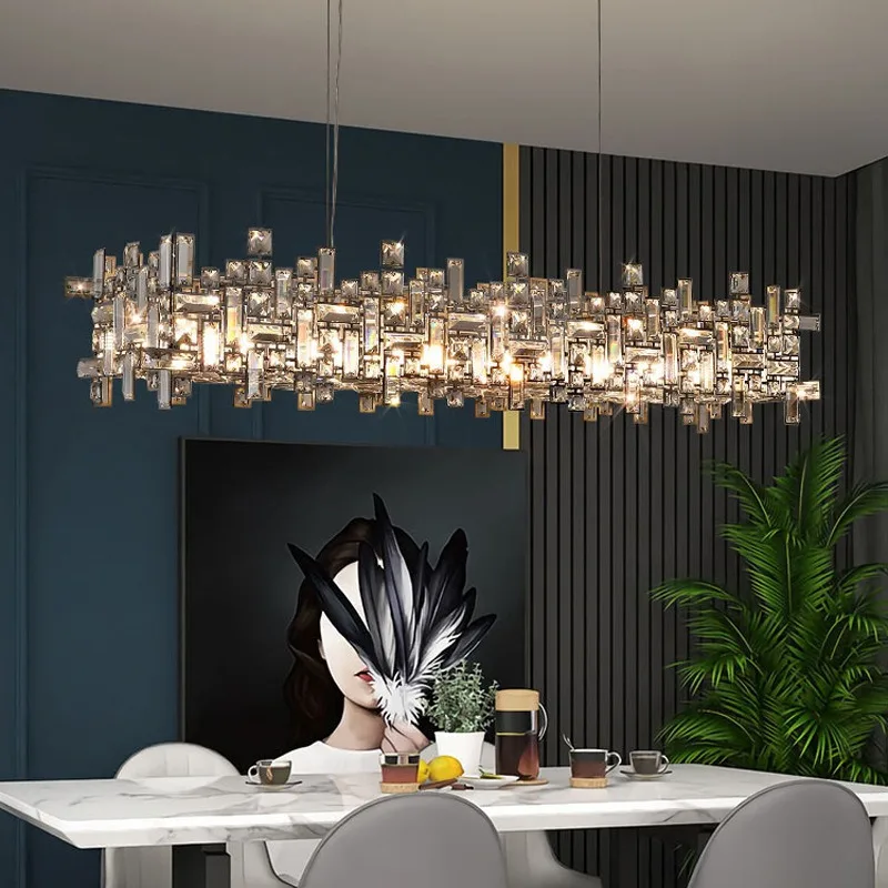 Rectangle Chrome Crystal Chandelier For Kitchen Island Dining Room Living Room Modern Chrome K9 Crystal Pendant Lights