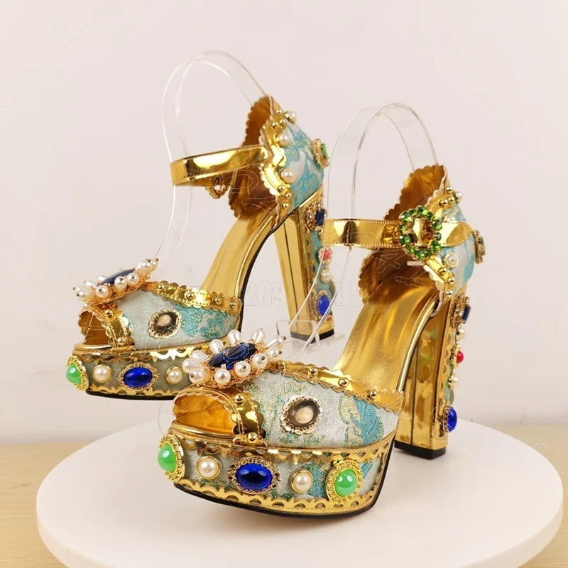 

Embroidery Design Crystal Beads Platform Sandals Buckle Strap Women Shoes Chunky High Heels Party Feast 2025 Zapatos Para Mujere