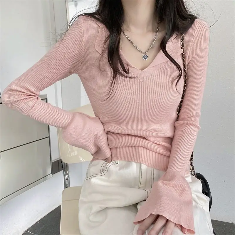 

Clothing Long Sleeve Polo Neck Shirts for Women Knit Tops Plain Aesthetic Cute T-shirt Woman Polyester Summer 2024 Sale V Luxury