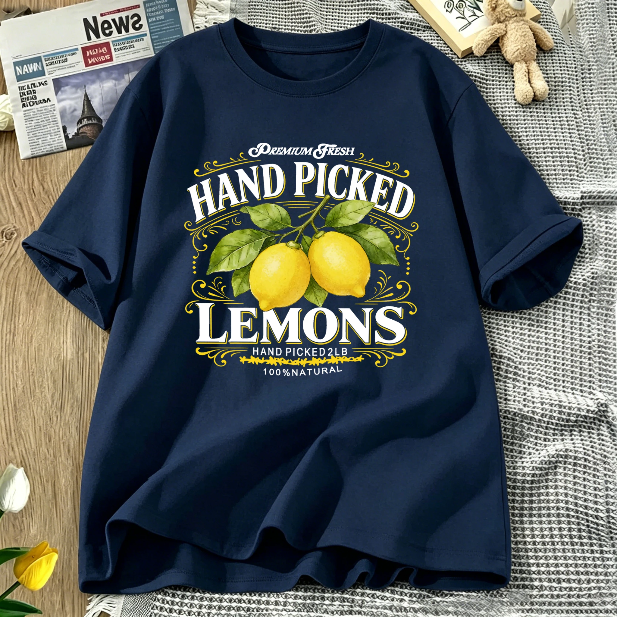 Hand Picked Fresh Lemons Design T-Shirt Women'S Summer Y2K Short Sleeve Casual Oversized Sportswear Cotton Crewneck T Shirt