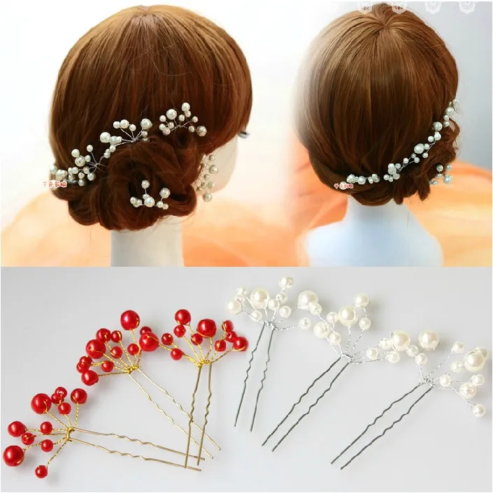 3pcs/set Bridal Hair Jewelry Headpiece Wedding Hair Accessorie Handmade Hair pins Stick Red White Flower Pearl Women