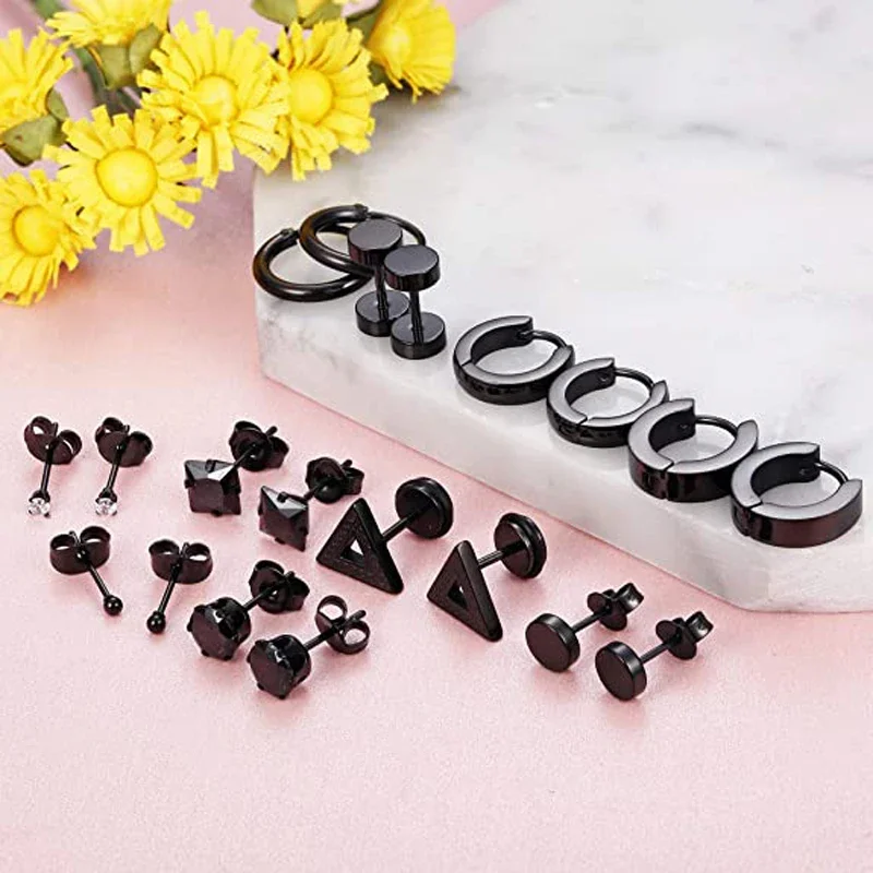 Punk Black stainless steel earrings men's small ball earrings cartilage earring endless earrings black men's and women's set