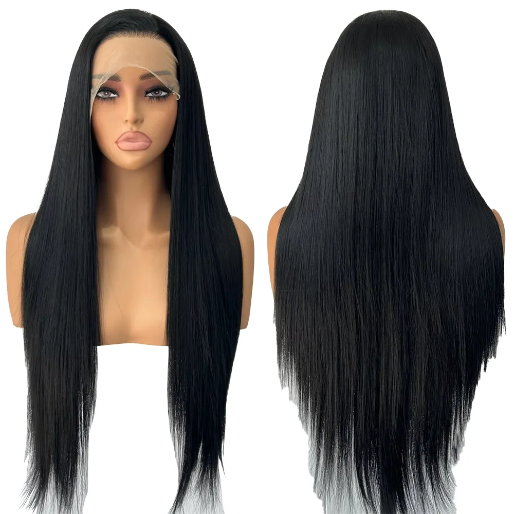 

13x4 HD Lace Front Wig Natural Black Long Straight Synthetic Hair Pre Plucked Glueless Heat Resistant For Daily Wear Cosplay