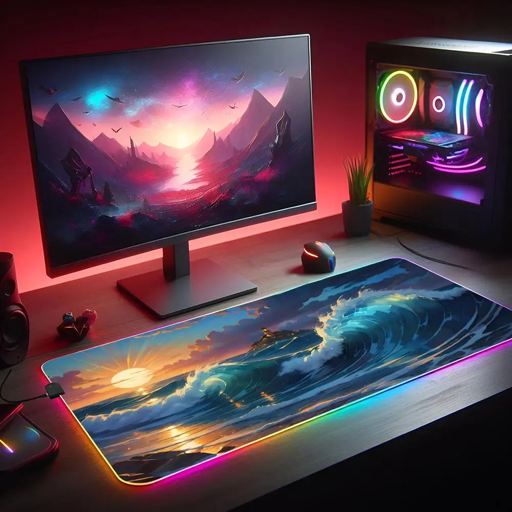 Alfombrilla de ratón RGB con colores de onda japonesa, pintura al óleo, alfombrilla LED brillante para juegos, alfombrilla de escritorio antideslizante de goma, accesorios para juegos, alfombrilla para teclado y ratón
