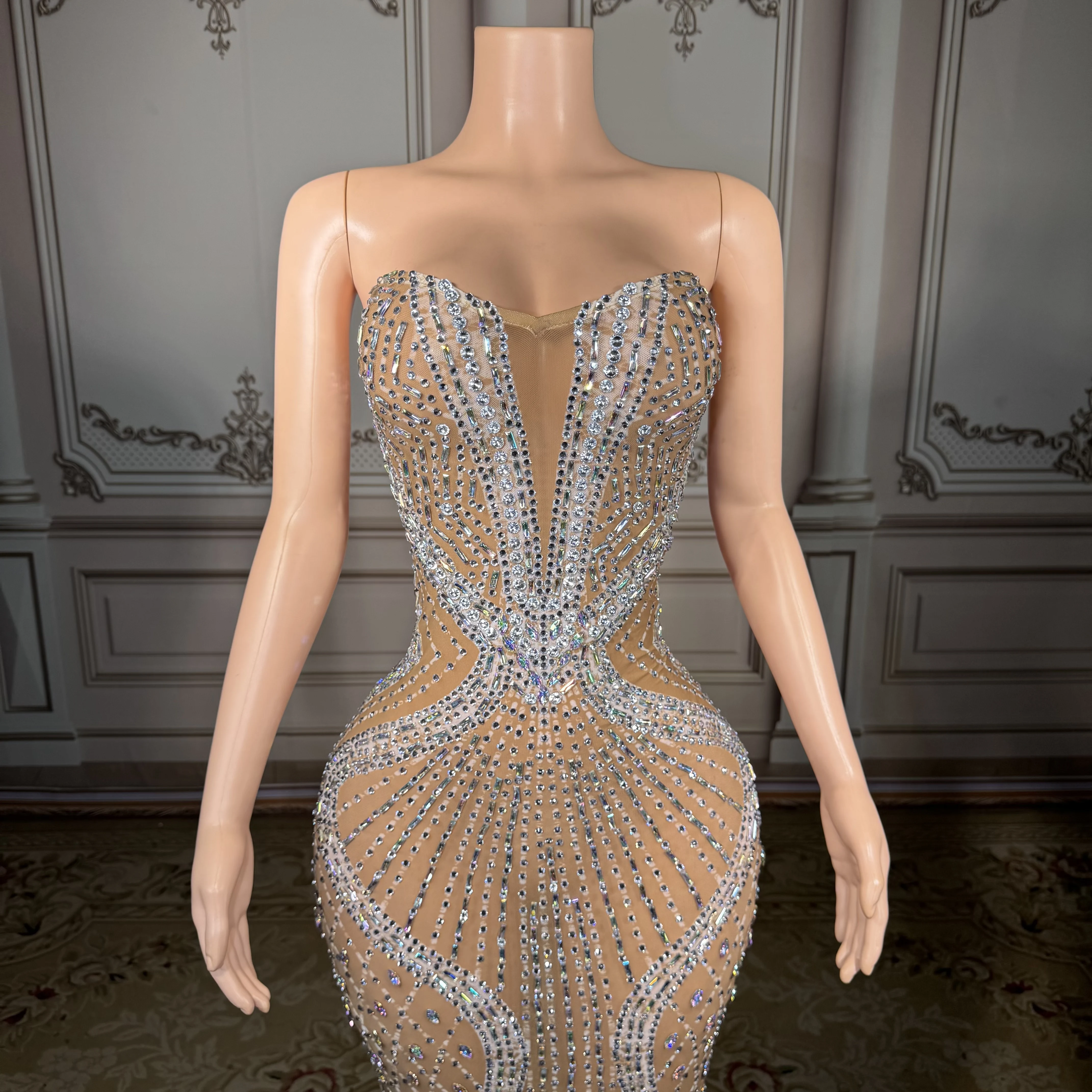 ZD – robe de soirée de luxe pour femmes, avec cristaux scintillants, en maille transparente, longueur au sol, pour Cocktail, discothèque, bal