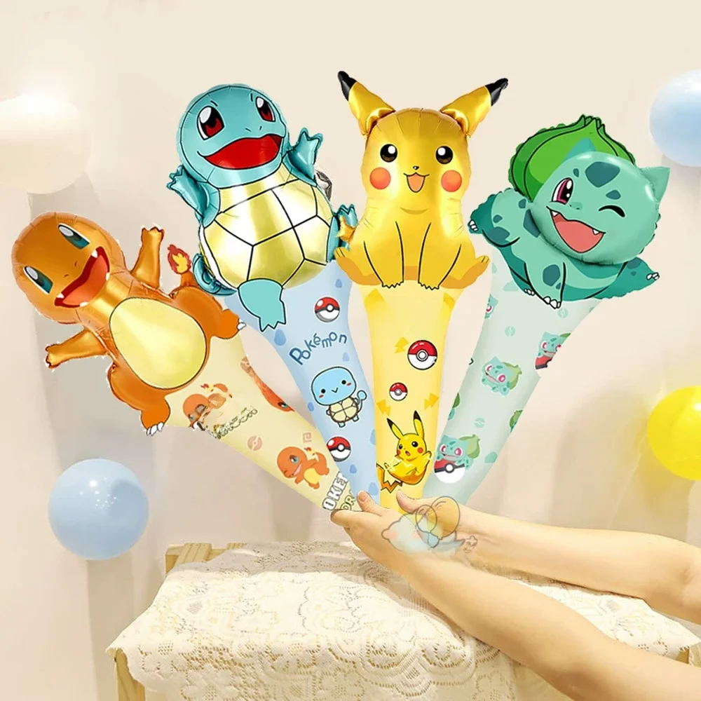 12 Stück Cartoon Pokemon Stehende Folienballons Pikachu Jungen Mädchen Geburtstagsparty Deko-Zubehör Handstab-Folienballons Babyparty