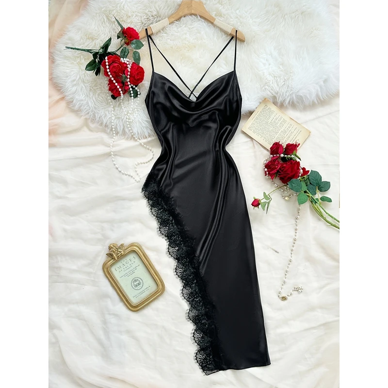 Combhasaki المرأة الأشرطة تعادل عارية الذراعين ثوب النوم Y2k الأزهار الدانتيل تقليم الحرير الساتان المرقعة الجانب عالية الشق كامي زلة فستان طويل #3