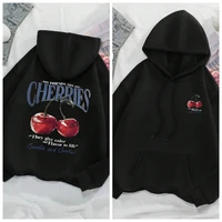 Sudadera con capucha de algodón negro para mujer con lindo estampado de cereza roja y corazón, sudadera informal de manga larga holgada a la moda para uso diario