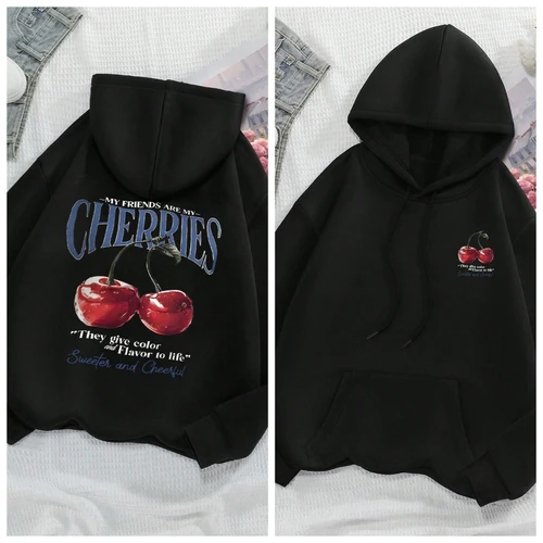 Sudadera con capucha de algodón negro para mujer con lindo estampado de cereza roja y corazón, sudadera informal de manga larga holgada a la moda para uso diario