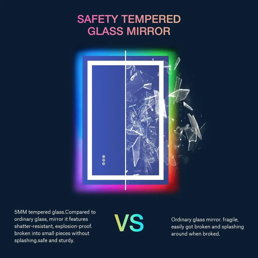 مرآة حمام LED مضادة للضباب مع أضواء RGB وأضواء أمامية، قابلة للتعتيم، زجاج مقسى، مرآة زينة جدارية مع وظيفة الذاكرة #6