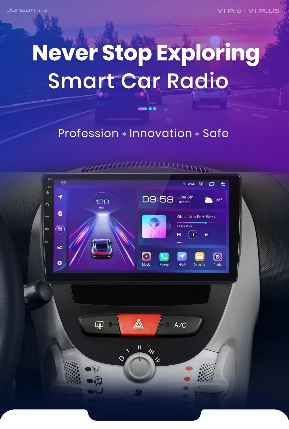Junsun AI 4G LTE Kabelloses CarPlay Android Auto Autoradio für Peugeot 107 Toyota Aygo Citroen C1 2005-2014 GPS Navi BT DSP RDS FM – Detail 2