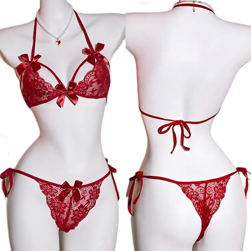 Red Lace Bow Sexy Lingerie Women Floral Ultra-thin Exquisite Transparent Lingerie Bra Set Sex Strap Underwear Erotic Costumes