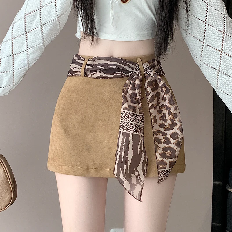 

Мини-юбка из замшевой ткани в стиле ретро с шарфом, женская осенне-зимняя юбка трапециевидной формы Y2k с высокой талией, женская готическая сексуальная уличная одежда Faldas