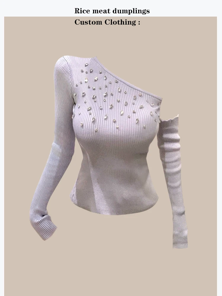 

Delicate Diamond Embellished Knitted Base Shirt Sweater Women's Style Elegant Sisterly Soft Fit Shoulder Slant Design Winter ...