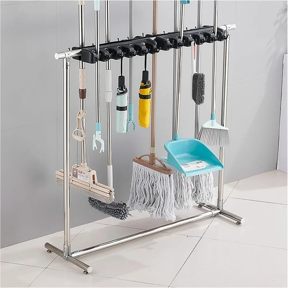 Wall-Mounted Mop Holder for Commercial Use, Adjustable Cleaning Supply Organizer and Garden Tool Storage Rack