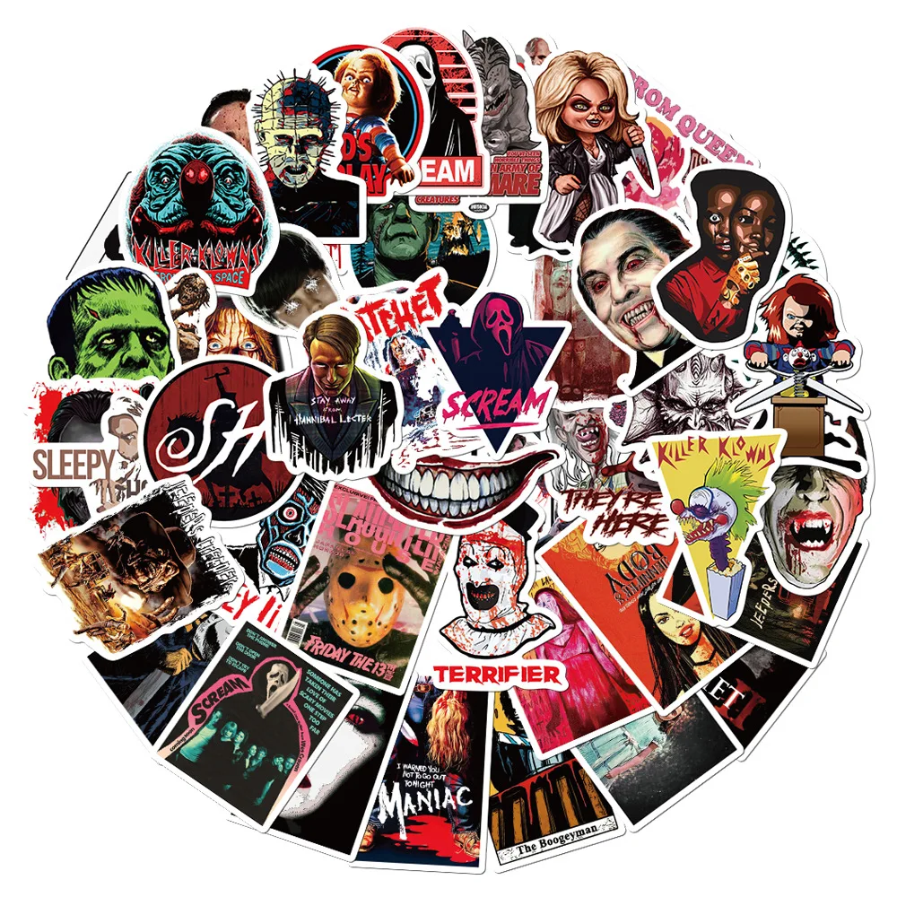 Pegatinas de personajes de películas de terror para niños, 50 piezas, para portátil, coche, Notebook, funda de teléfono, botella, nevera, Graffiti, calcomanías de vinilo
