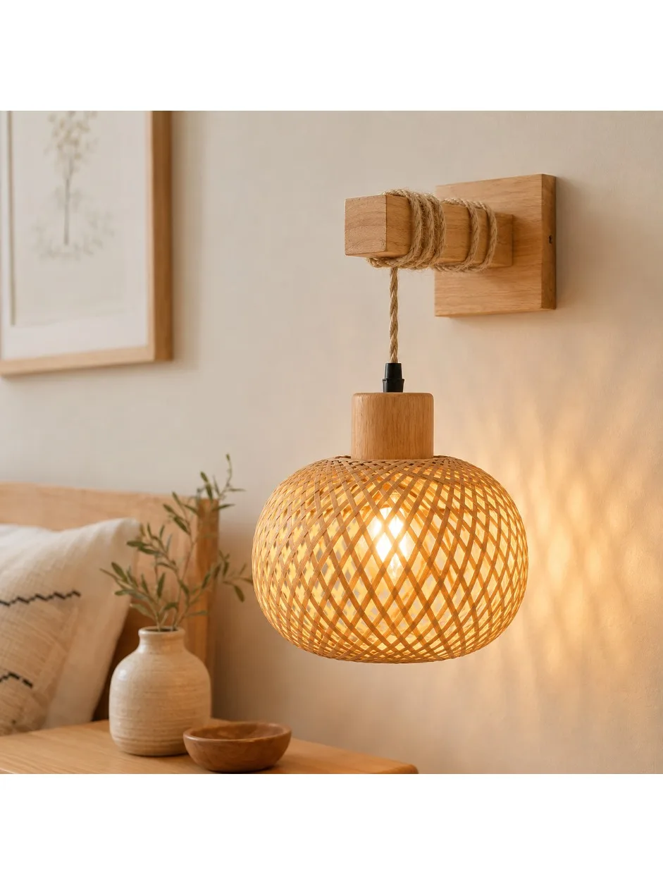 JOYINLED Bambusowy Rattanowy Kinkiet, Ręcznie Pleciona Lampa Ścienna w Stylu Boho E27 Rustykalne Oświetlenie w Stylu Farmhouse do Sypialni, Salonu, Przedpokoju — 2