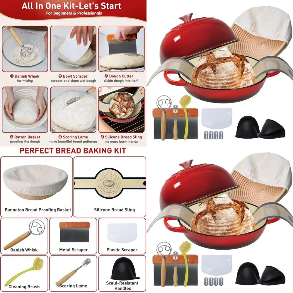 

6-Quart Cast Iron Dutch Oven with Proofing Basket, Silicone Sling, and Dough Whisk for Sourdough Baking and Multipurpose Cooking