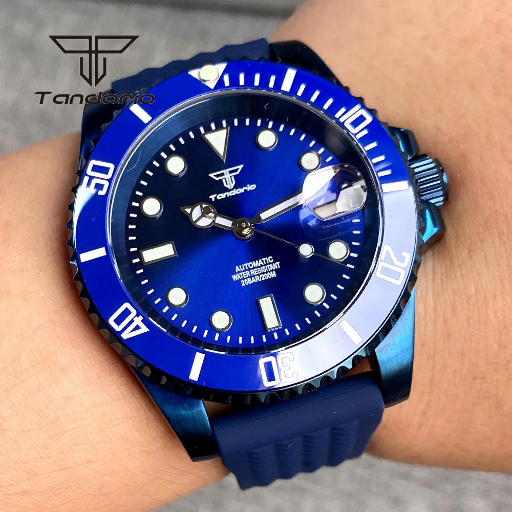 

Tandorio 40mm Blue Coated Case Sunburst Dial NH35A 20bar Dive Automatic Watch for Men Sapphire Crystal Date 120-Click Bezel