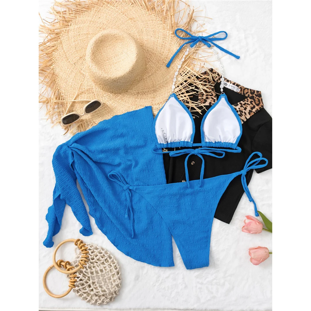 Mit Sarong, weißen Perlen, gerafftem Bikini, Damen-Badebekleidung, dreiteiliges Bikini-Set, Damen-Badeanzug, Badebekleidung, Badeanzug, Modell V5593. – Detail 33