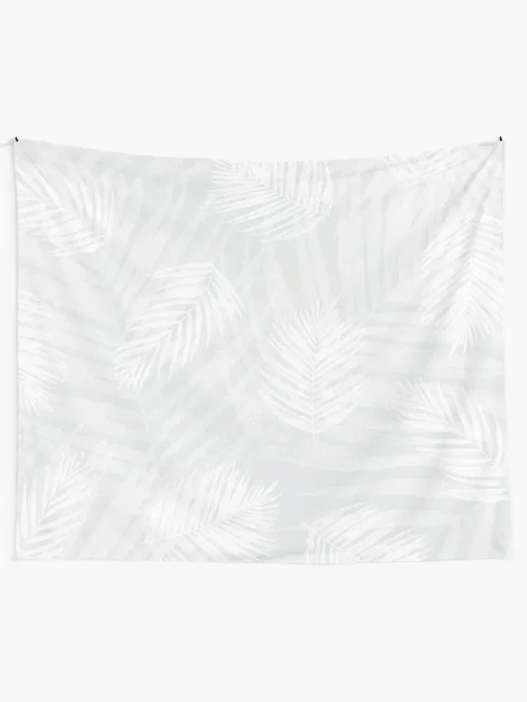 White Lino Print Palm Leaves on Soft Gray Background Tapestry Living Room Decoration Home Decorators Tapestry