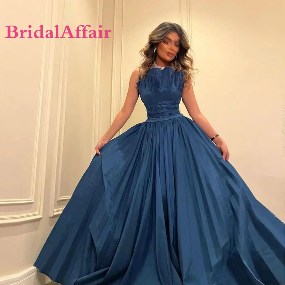 BridalAffair Dusty Blue Taffeta Long Evening Dress Strapless Draped Saudi Arabic Women Formal Prom Gown Vintage Party Event Gown