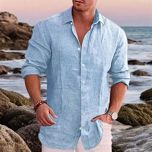Imagen 1 del producto Nueva camisa de manga larga de otoño de lino y algodón para hombre, color sólido, versátil, informal, estilo resort, tops para hombre