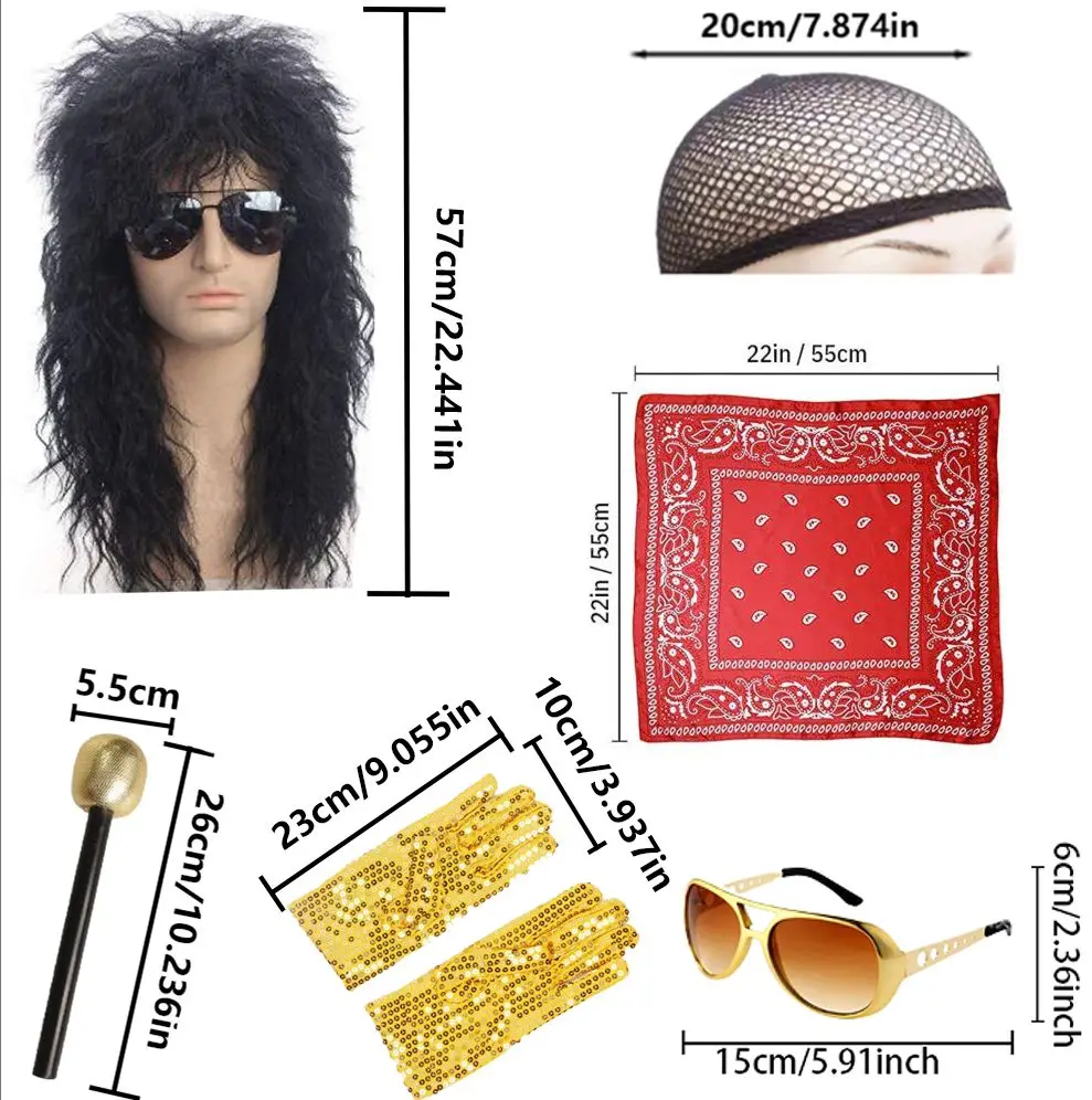 Vestido Elvis para festivais de festas disco, óculos, colares, barbas, chapéus de peruca e outros fantasias de rock hippie, dramatização de Halloween