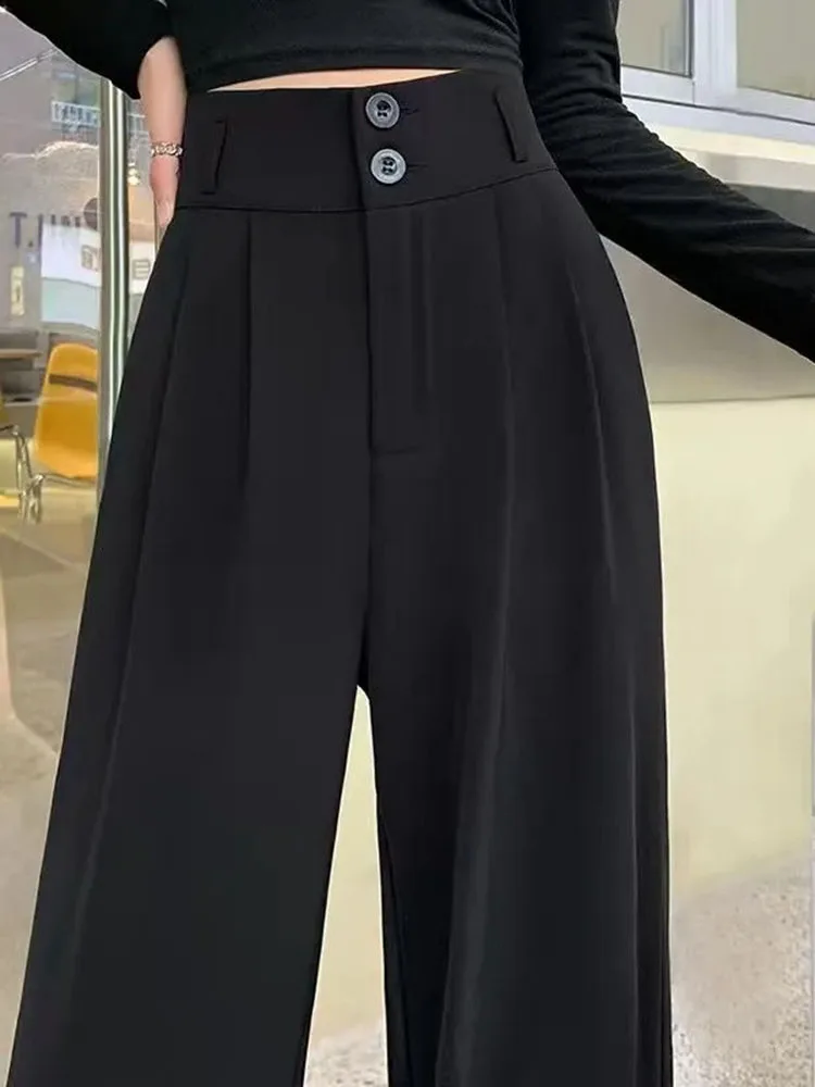 Slim Fit High Waist Draped Thin Summer Suit Pants Women's Casual Floor Length Black Wide Leg Pants Korean Style Commute Fashion