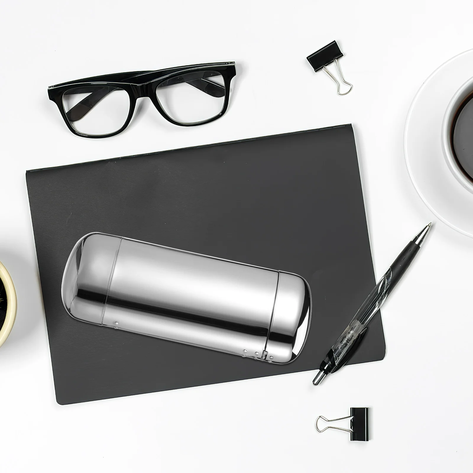 

Metal Sunglasses for Women Silver Travel Slim Hard Eyeglass Case Compact Lightweight Cylindrical Shape Side Button Storage