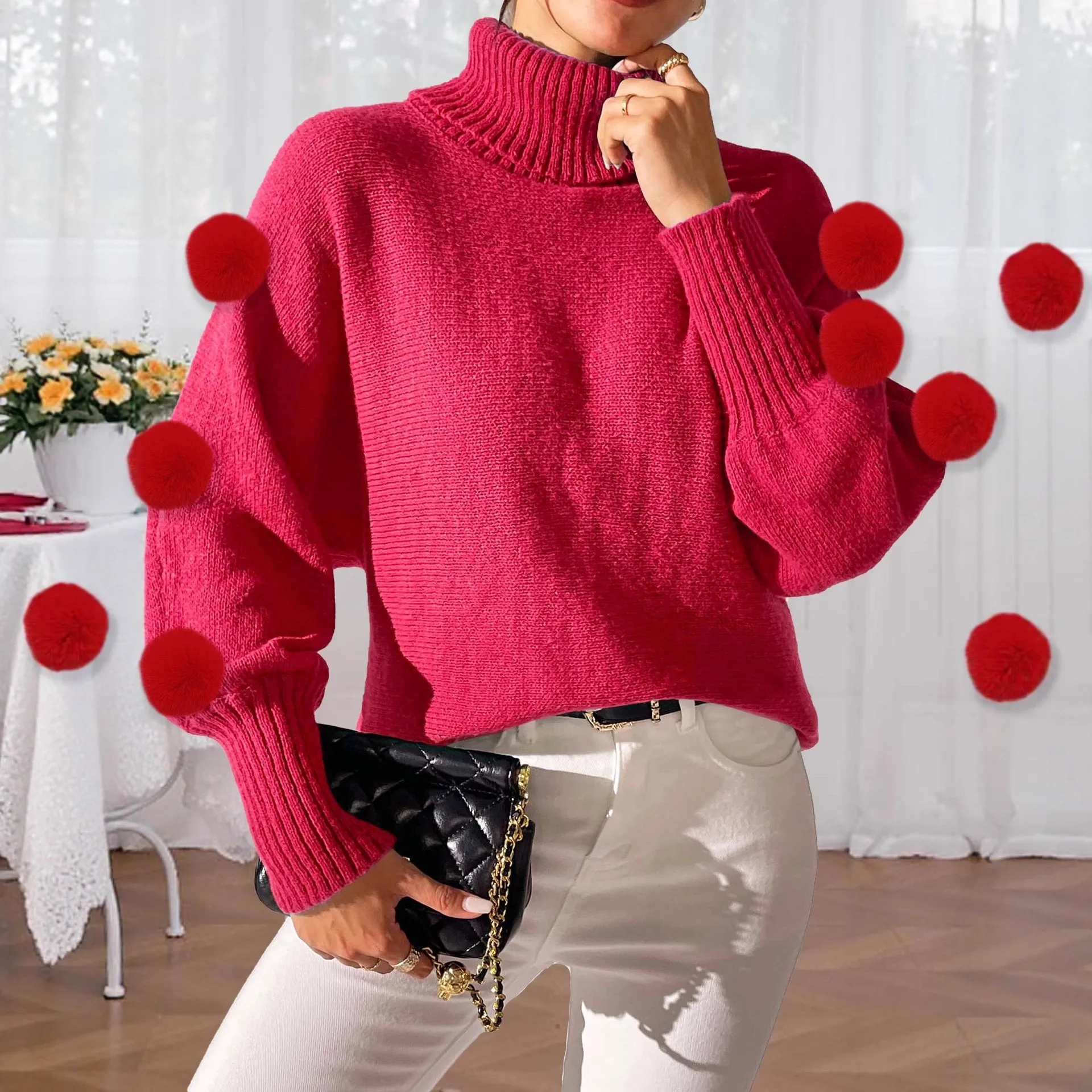 Suéter F de Gola Alta com Mangas Batwing Vermelho com Detalhes em Bola Cseta Base Estilo de Rua Manga Longa Moda de...