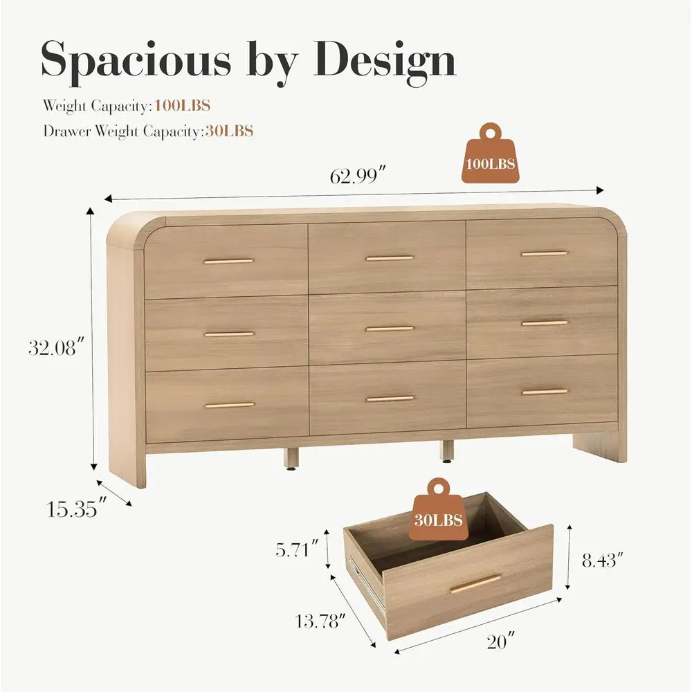Curved 9-Der Drer or Bedroom, 63" Wide ern Chest o Ders, Vanity Desk TV Stand or Living Room, Closet Storage Ders Organizer urni view 2