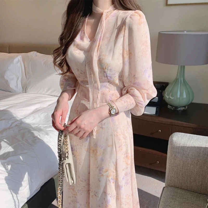 Ele Spring Floral Print Chiffon Dr mit Gürtel Bubble Sve V-Ne Long Dr Korean Sle High Waist Long Rock