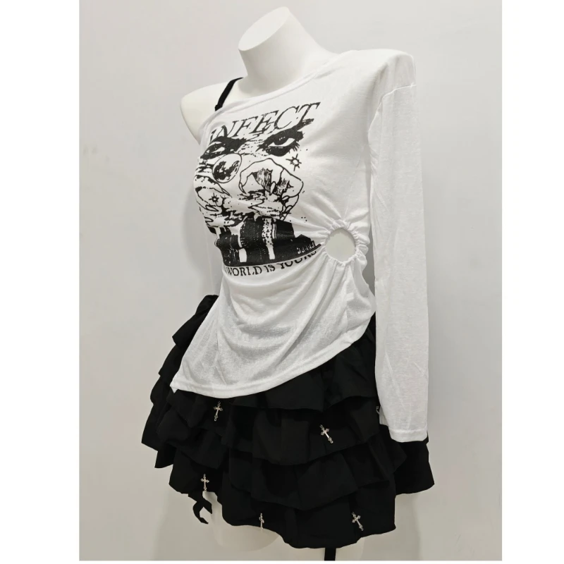 Y2k Subculture Long Sleeve Tee + Short Black Dress Two-Piece Dress Sets Women Casual Gothic Print Solid Color Letter Skew Neck