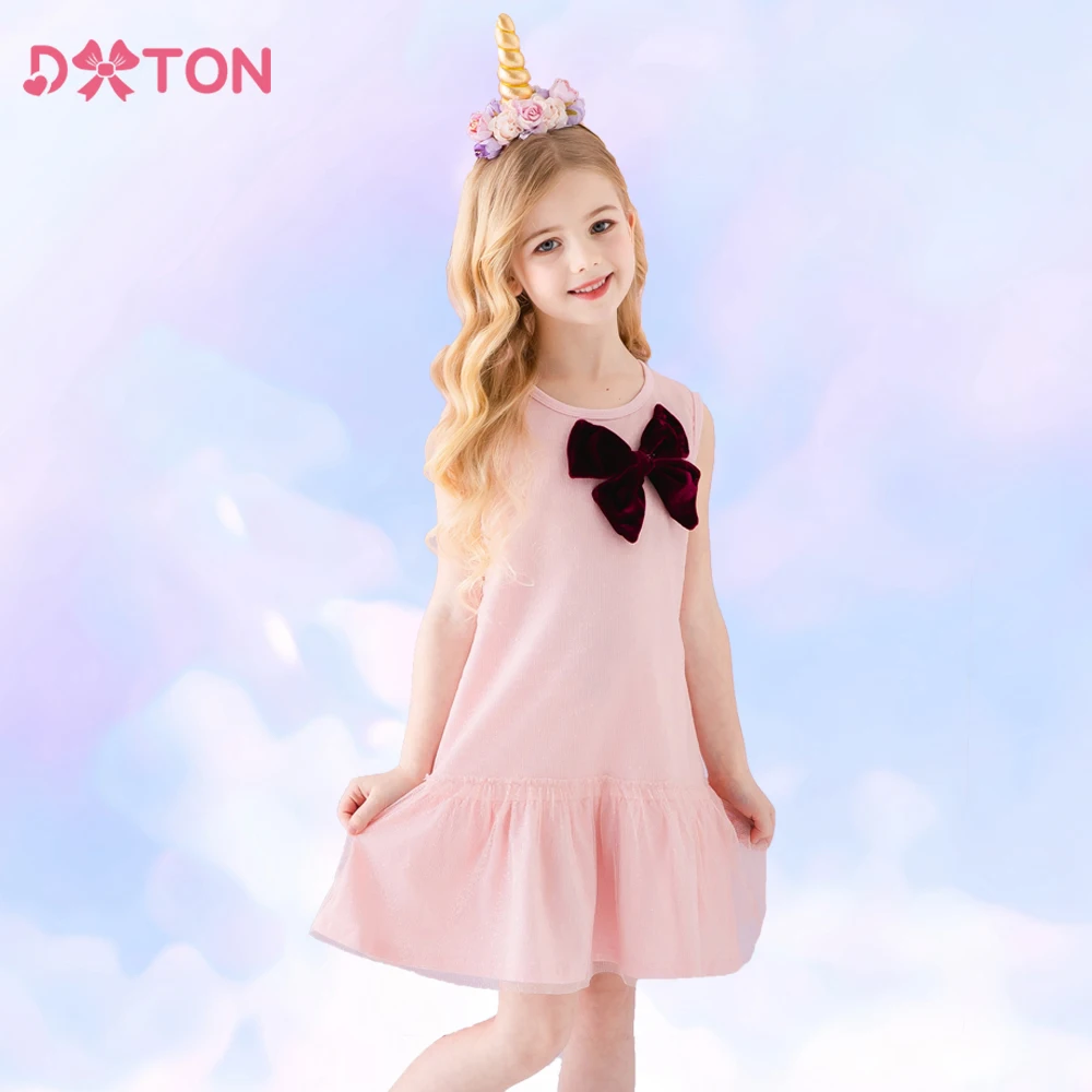 DXTON Summer Sleeveless Girls Dresses Patchwork Kids Casual Dress with Bow Elegant Children Cotton Costumes Princess Dress