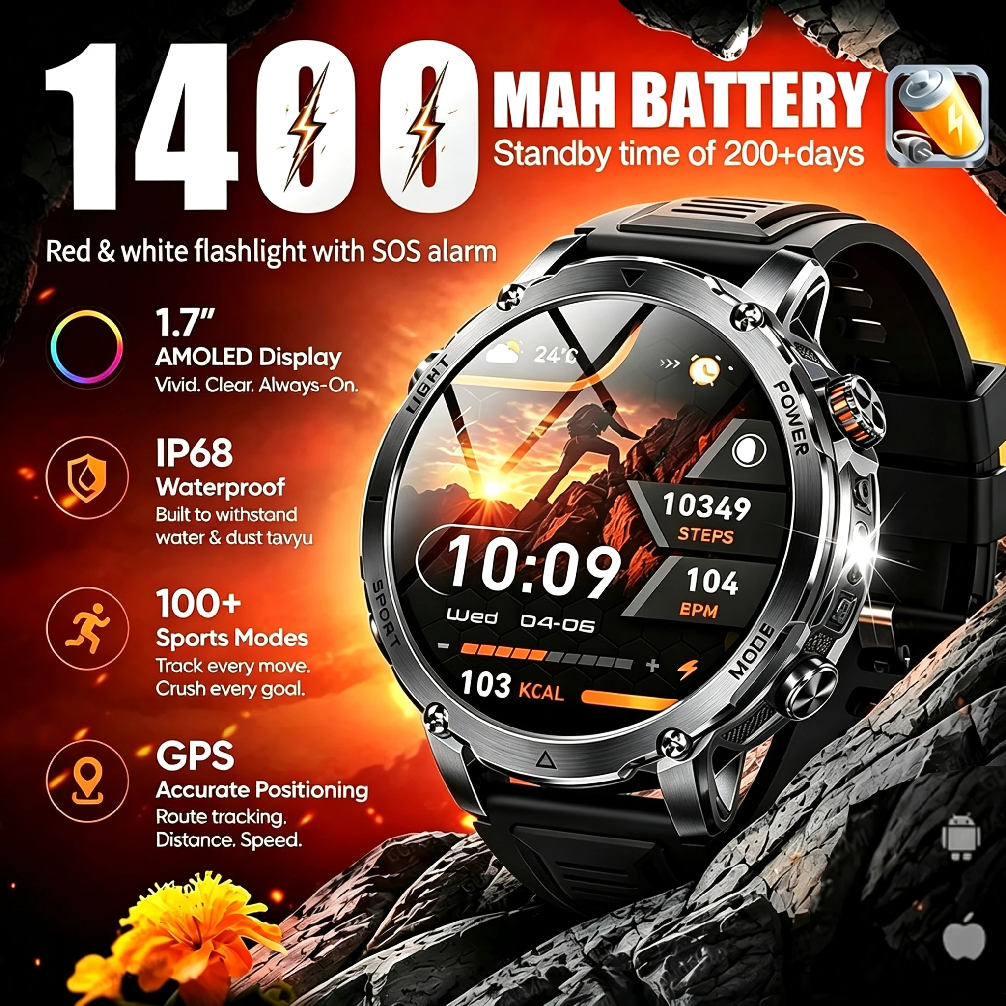 2026 New 1400mAh Durable Large Battery Smart Watch Men LED Flashlight 10ATM Waterproof Bluetooth Call Military Sports Smartwatch