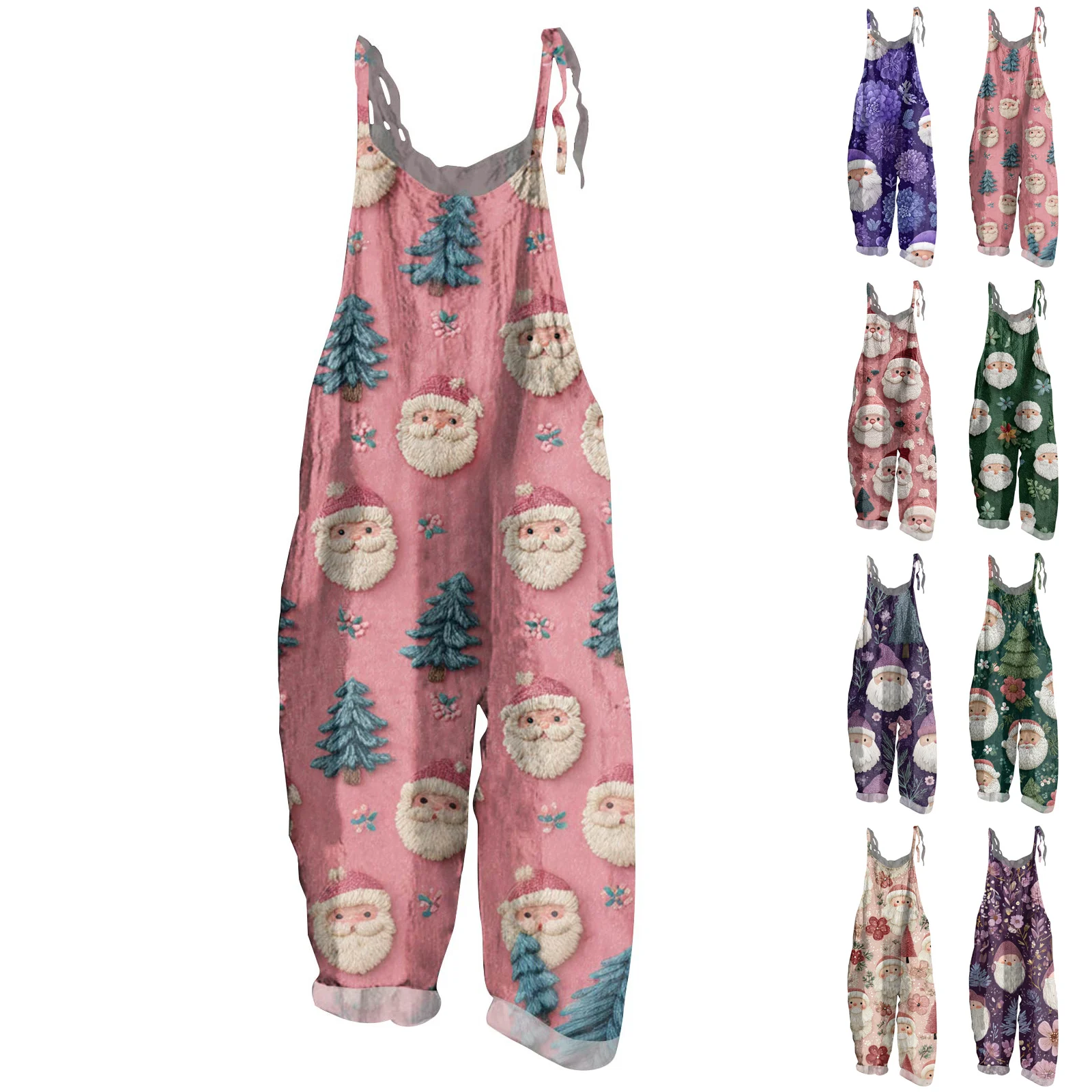 

2025 Fun Holiday Atmosphere Clothing Adorable Santa Claus Print Jumpsuit Casual Wide Leg Jumpsuit Loose Vintage Bib Trousers
