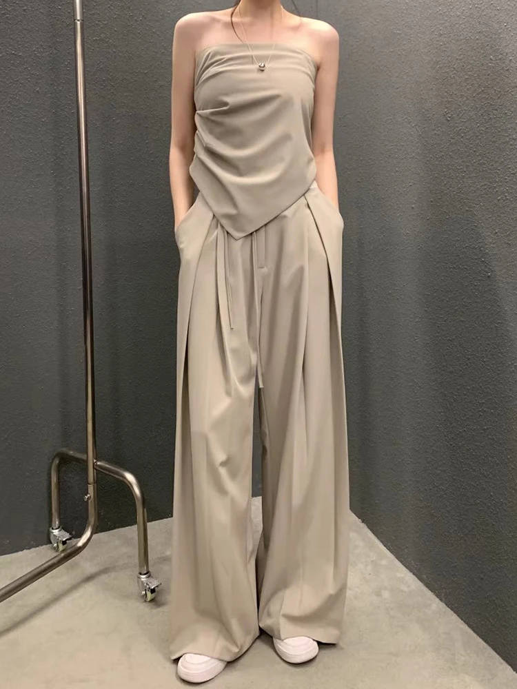 

Chic Summer Vintage High Waist Pleated Casual Wide Leg Pants Women's Top Bot Set Asymmetrical Tube Top Vest Outfit