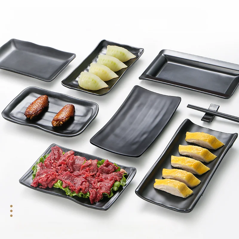 Japanese Melamine Tableware Black Frosted Barbecue Plate Imitation Porcelain Anti Drop Rectangular Sushi Dish