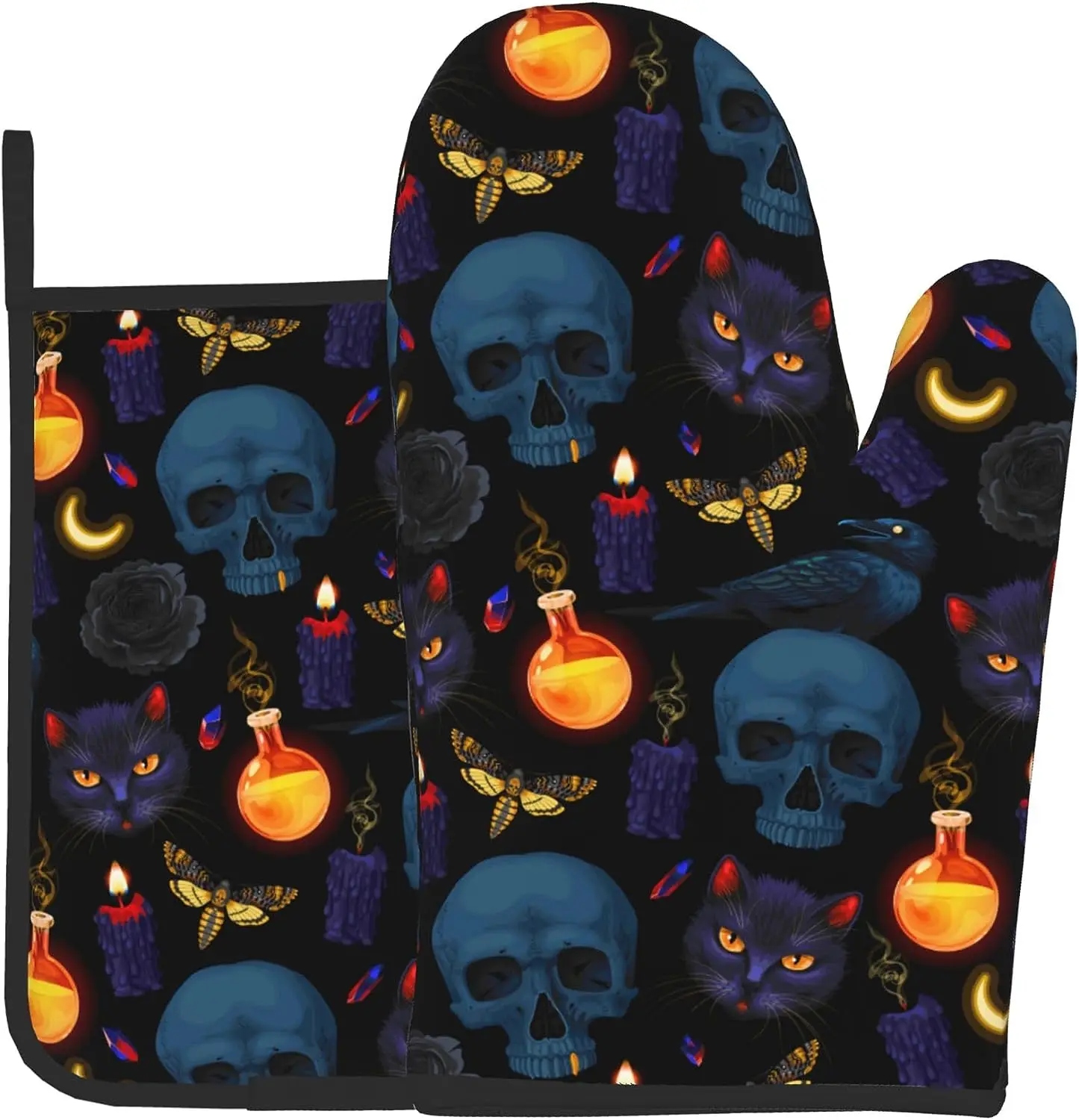 Oven Mitts and Pot Holders Non-Slip Cooking Gloves for Cooking Baking Grilling Halloween Goth Moon Black cat Raven Skull