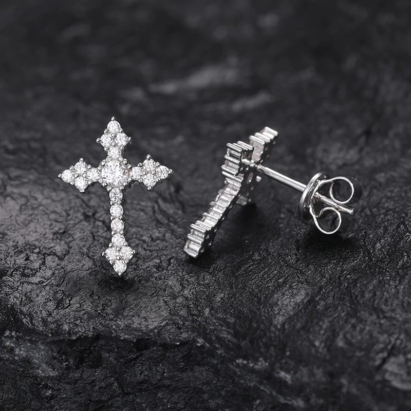 TUHE Unisex High Quality D VVS Moissanite Cross Earrings For Women Men\'s Real 925 Silver Iced Out Jewelry Gifts