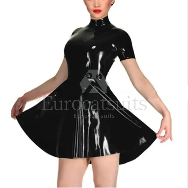 

customizedSexy Black Short Sleeve One Piece Latex Summer Dress with Back Zipper for Women