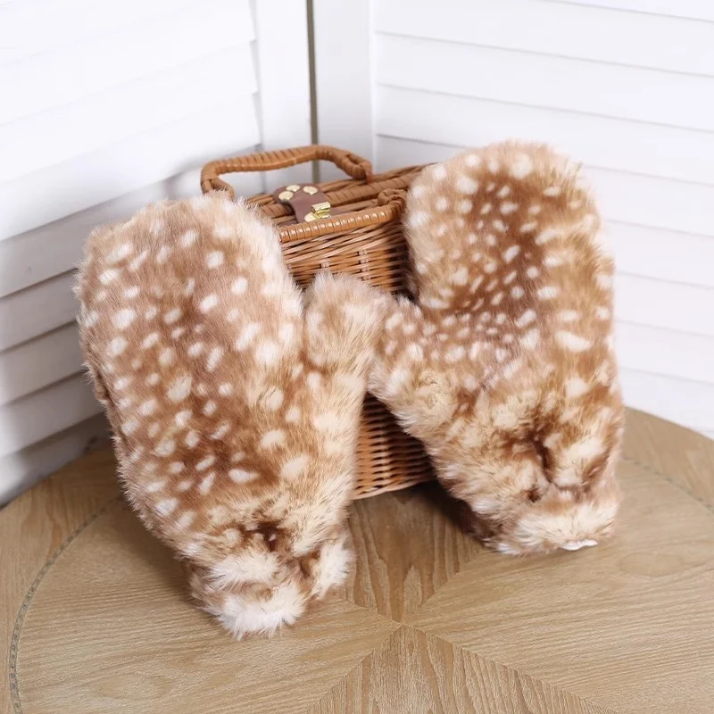 New Arrival Christmas Plush Gloves Winter Cute Japanese Spotted Sweet Antler Deer Printing Elk Fawn Gloves