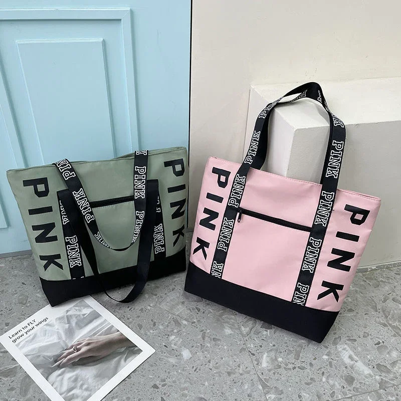 Large Capacity Letter Strap Handbags PINK Tote Large Shoulder Hand Bag Pink Waterproof Nylon Bag