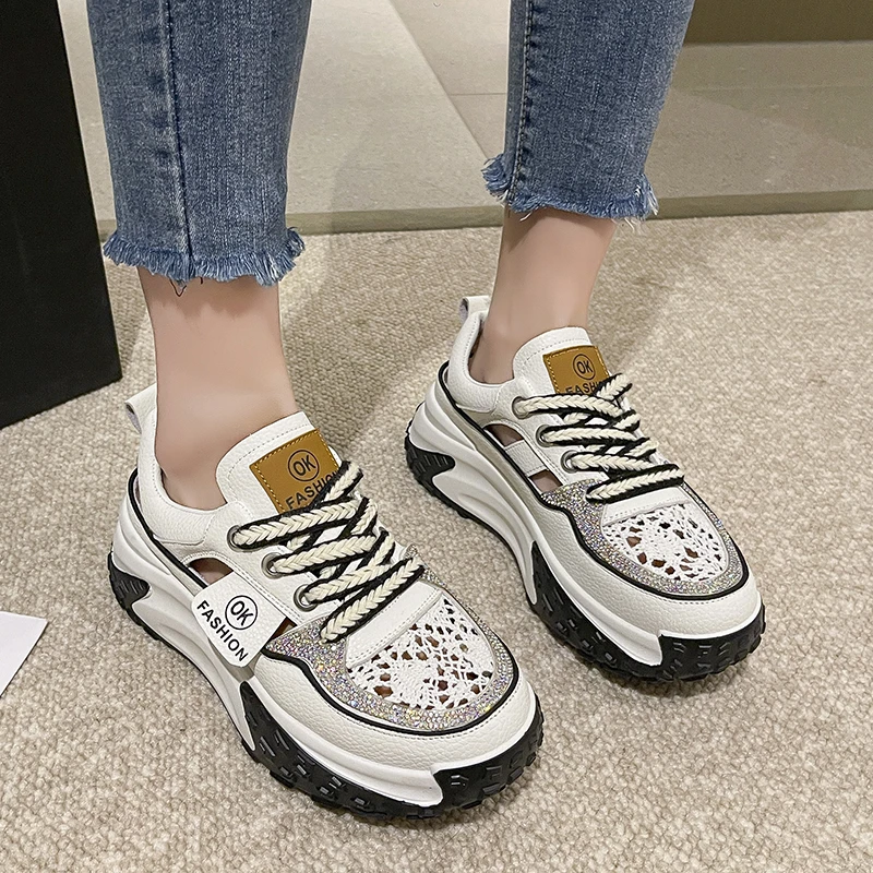 Thick Soled Inner Raised Sandals For Women's Small White Hollow Out 2023 Summer New Breathable Sports And Leisure Dad Shoes